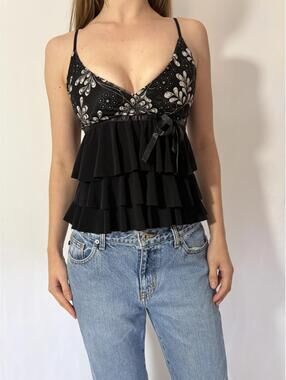 Babydoll Ruffle Sparkly Black and White Y2k Floral Cami Top